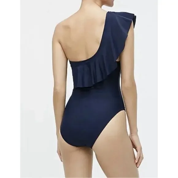 J. Crew Womens Size XL Navy Blue One-Shoulder Ruffle Neck One-Piece Bathing Suit - Picture 3 of 9